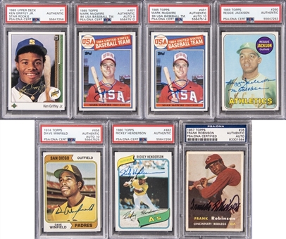 1957-1989 Topps & Upper Deck Hall of Fame & Stars Signed Rookie Card Collection (7) Featuring Frank Robinson, Ricky Henderson, Ken Griffey Jr., & More! - PSA Authentic